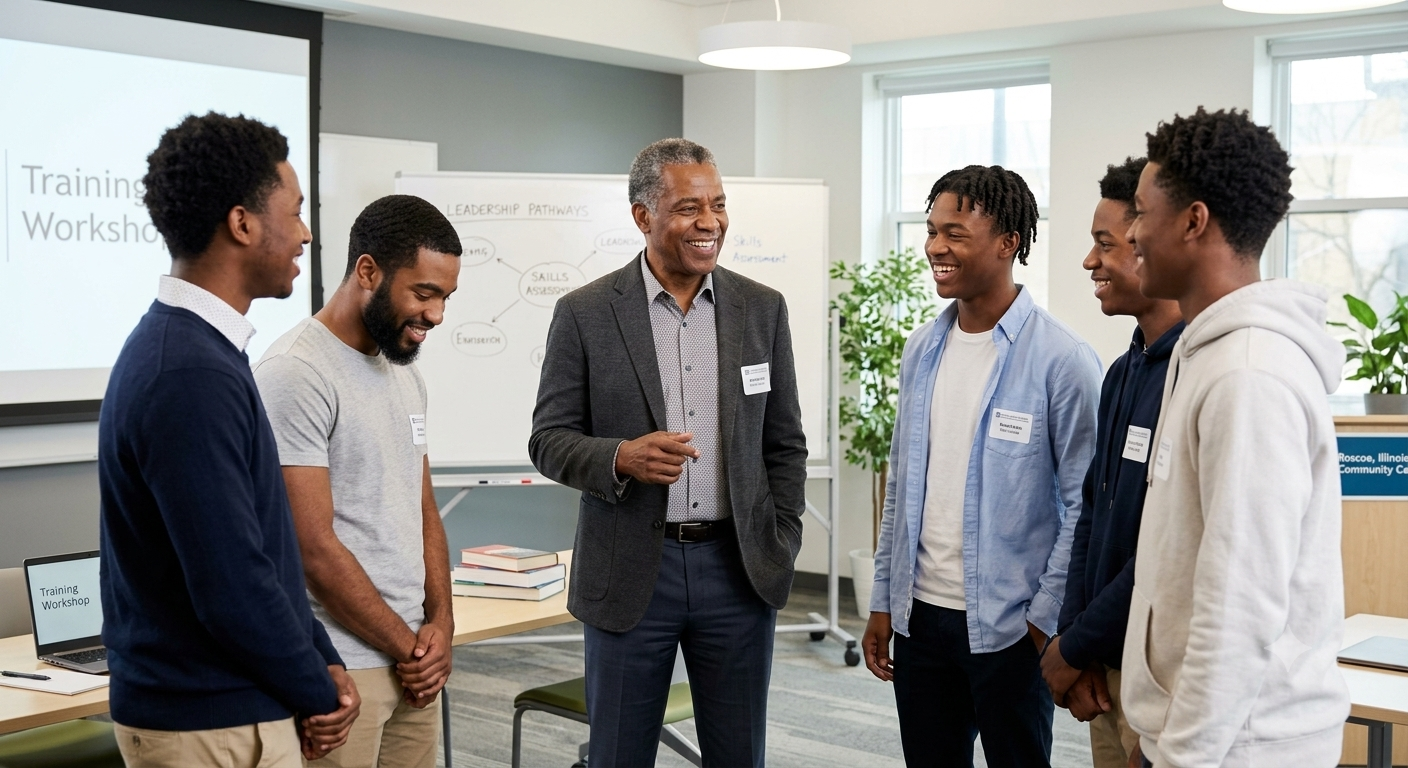 A Method One mentor speaking with young men during a training workshop.